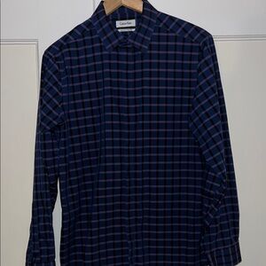 Calvin Klein Navy Blue Casual Button Down Shirt with Checkered Pattern